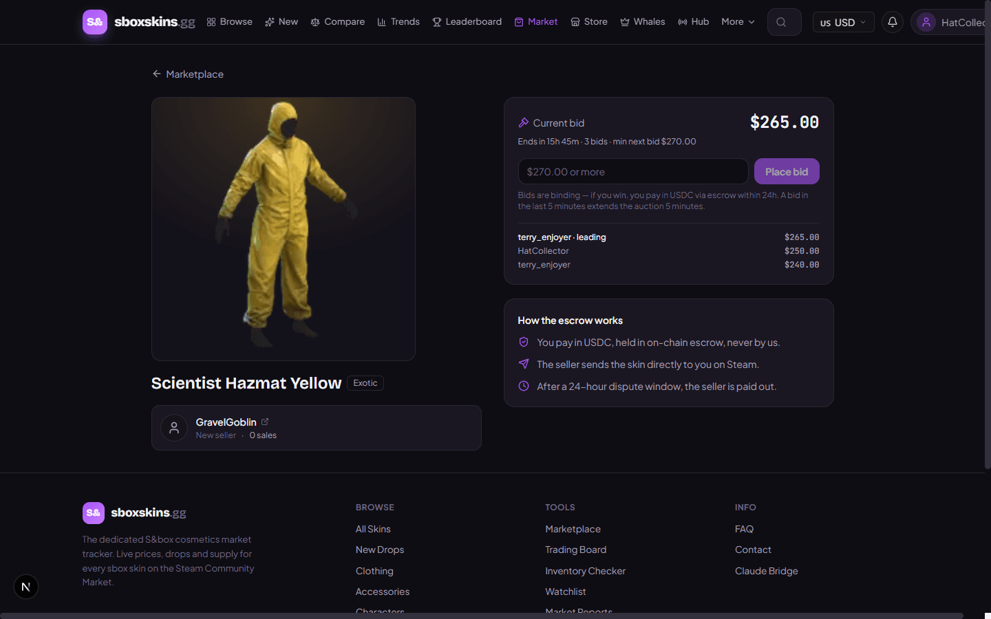 An auction listing with a live countdown and bid history