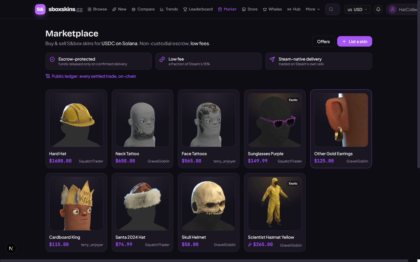 Marketplace browse grid with S&box skins listed for USDC