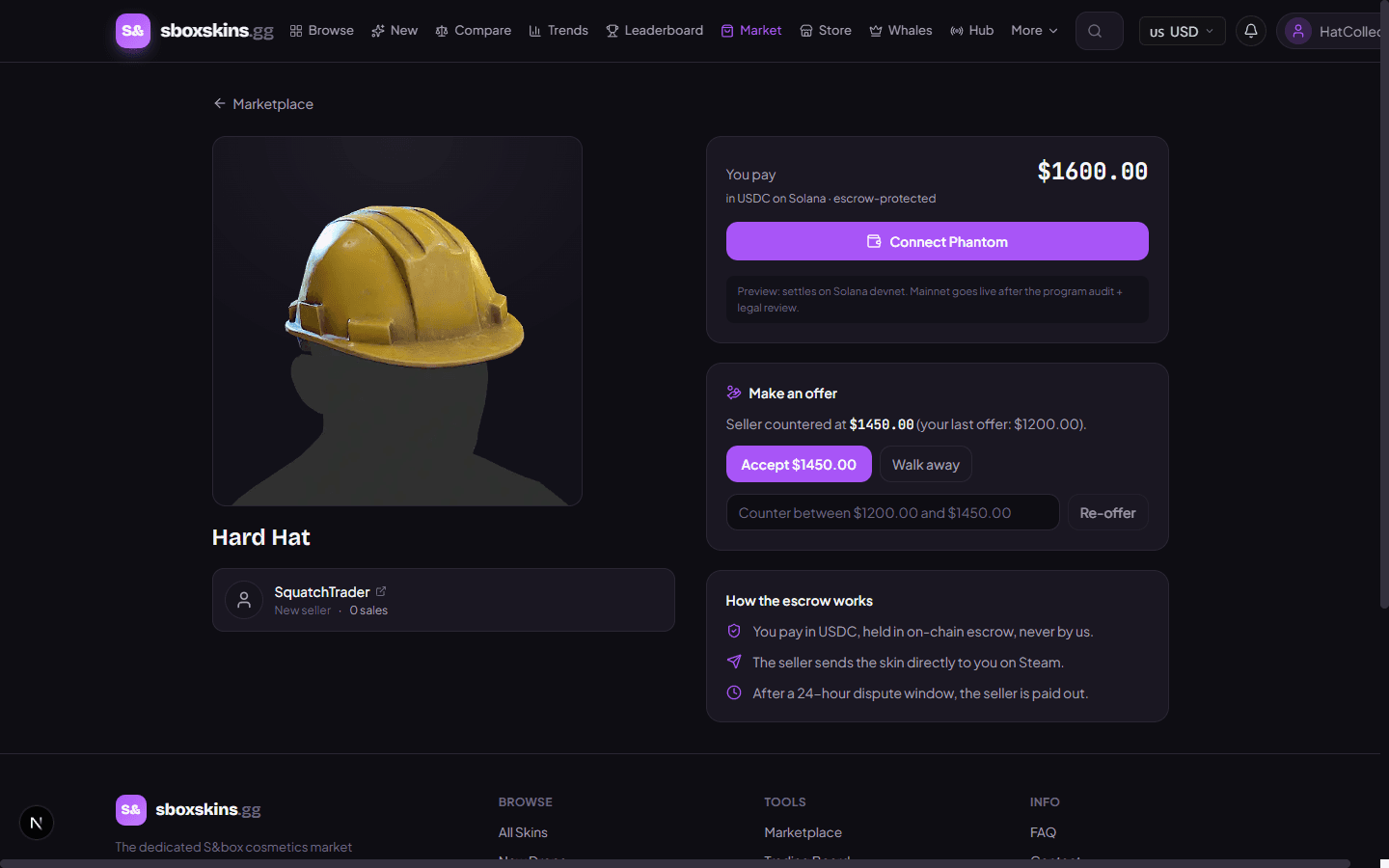 A listing page with a live price negotiation — accept the counter or re-offer